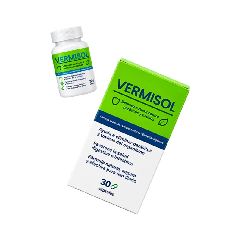 Vermisol — frasco y caja juntos del suplemento antiparasitario